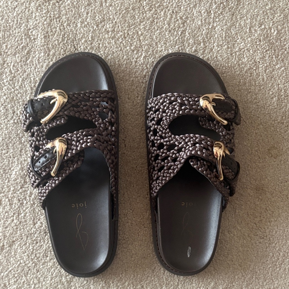 Joie Dark Brown Woven Sandals with Gold Accents